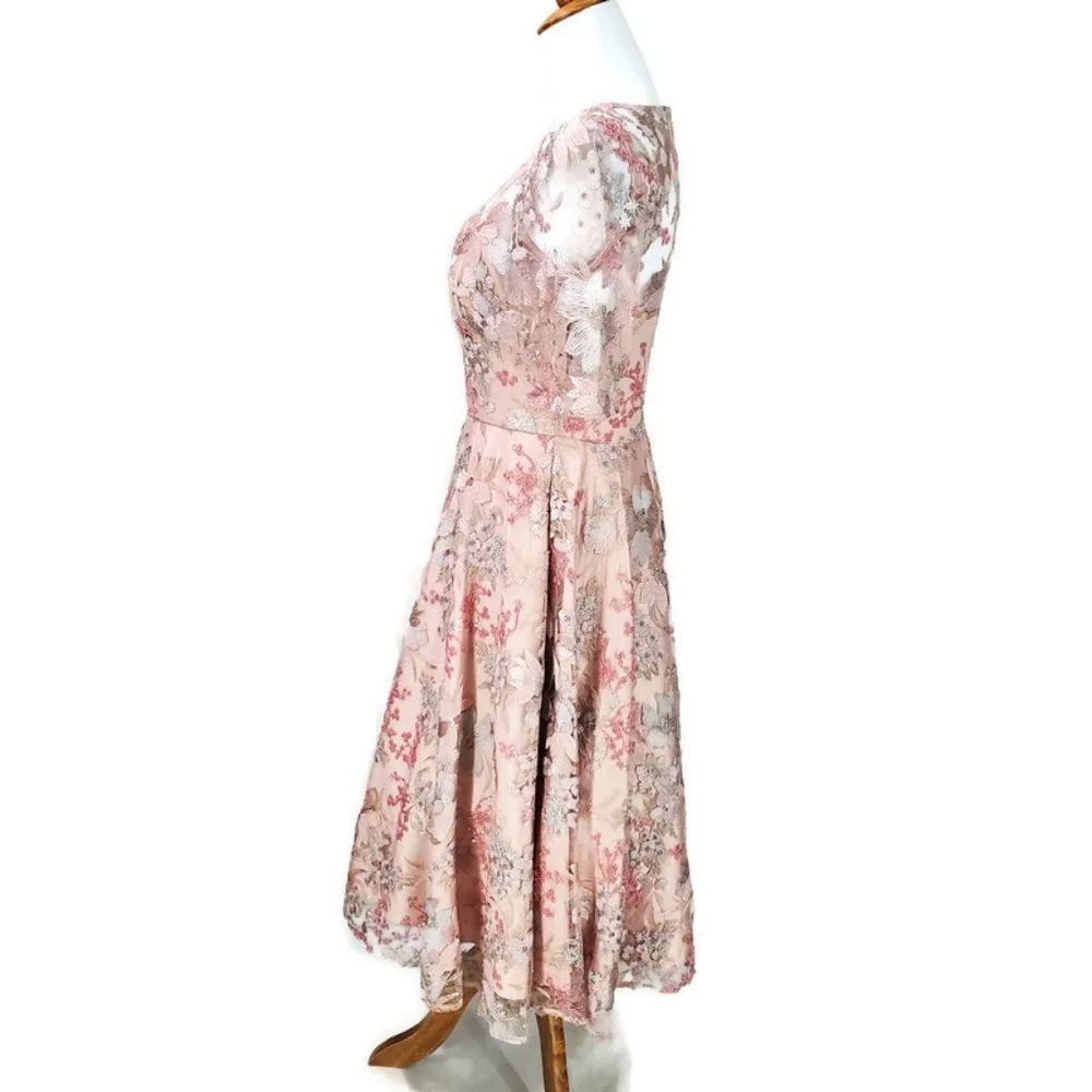 Eliza J Pink Embroidered Lace Overlay Fit & Flare Midi Dress Girly Glinda Spring - Picture 9 of 14